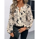 SHEIN LUNE Women's Beige Floral Print Long Sleeve Blouse, Round Neck V-Notch Faux Placket Puff Sleeve, Elegant Smart Casual Autumn Office Work Teachers' Day