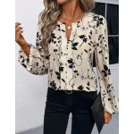 SHEIN LUNE Women's Beige Floral Print Long Sleeve Blouse, Round Neck V-Notch Faux Placket Puff Sleeve, Elegant Smart Casual Autumn Office Work Teachers' Day