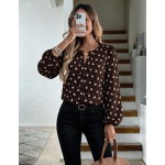 SHEIN LUNE Women's Beige Floral Print Long Sleeve Blouse, Round Neck V-Notch Faux Placket Puff Sleeve, Elegant Smart Casual Autumn Office Work Teachers' Day