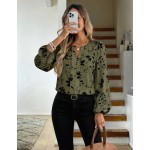 SHEIN LUNE Women's Beige Floral Print Long Sleeve Blouse, Round Neck V-Notch Faux Placket Puff Sleeve, Elegant Smart Casual Autumn Office Work Teachers' Day