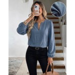 SHEIN LUNE Women's Beige Floral Print Long Sleeve Blouse, Round Neck V-Notch Faux Placket Puff Sleeve, Elegant Smart Casual Autumn Office Work Teachers' Day