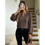 SHEIN LUNE Women's Beige Floral Print Long Sleeve Blouse, Round Neck V-Notch Faux Placket Puff Sleeve, Elegant Smart Casual Autumn Office Work Teachers' Day
