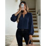SHEIN LUNE Women's Beige Floral Print Long Sleeve Blouse, Round Neck V-Notch Faux Placket Puff Sleeve, Elegant Smart Casual Autumn Office Work Teachers' Day