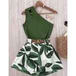 Roelina Women's Green Floral Summer Casual Holiday Vacation Holiday 2-Piece Set,Elegant Asymmetric Shoulder Ruched Hollow-Out Sleeveless Fitted Shorts