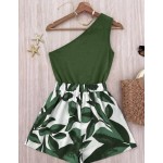 Roelina Women's Green Floral Summer Casual Holiday Vacation Holiday 2-Piece Set,Elegant Asymmetric Shoulder Ruched Hollow-Out Sleeveless Fitted Shorts