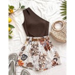 Roelina Women's Green Floral Summer Casual Holiday Vacation Holiday 2-Piece Set,Elegant Asymmetric Shoulder Ruched Hollow-Out Sleeveless Fitted Shorts