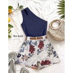 Roelina Women's Green Floral Summer Casual Holiday Vacation Holiday 2-Piece Set,Elegant Asymmetric Shoulder Ruched Hollow-Out Sleeveless Fitted Shorts