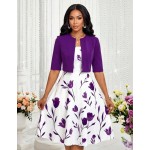 SHEIN Lady Women's Floral Print Sleeveless Dress And Solid Color Jacket Elegant 2-Piece Set Wedding Gender Reveal Funeral Purple Summer