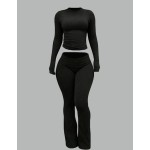 INAWLY Solva 2pcs Women Casual Solid Color Fitted Top And Flared Pants Set, Spring/Autumn Fall Cloth For Women