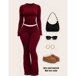 INAWLY Solva 2pcs Women Casual Solid Color Fitted Top And Flared Pants Set, Spring/Autumn Fall Cloth For Women