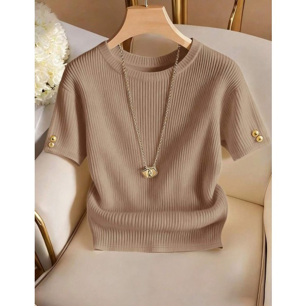 Franclia Elegant Round Neck Knit T-Shirt, Minimalist Fashion Knit T-Shirt, Summer New Arrival