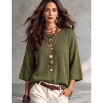 SHEIN Casual Loose Round Neck 3/4 Sleeve Knit Batwing Sleeve ,Green Women Fall Winter Sweater, Going Out Top, Country, Social Blouse, Country Concert Outfit