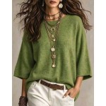 SHEIN Casual Loose Round Neck 3/4 Sleeve Knit Batwing Sleeve ,Green Women Fall Winter Sweater, Going Out Top, Country, Social Blouse, Country Concert Outfit