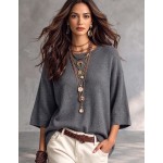 SHEIN Casual Loose Round Neck 3/4 Sleeve Knit Batwing Sleeve ,Green Women Fall Winter Sweater, Going Out Top, Country, Social Blouse, Country Concert Outfit