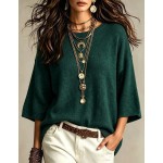 SHEIN Casual Loose Round Neck 3/4 Sleeve Knit Batwing Sleeve ,Green Women Fall Winter Sweater, Going Out Top, Country, Social Blouse, Country Concert Outfit