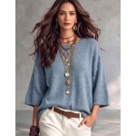 SHEIN Casual Loose Round Neck 3/4 Sleeve Knit Batwing Sleeve ,Green Women Fall Winter Sweater, Going Out Top, Country, Social Blouse, Country Concert Outfit