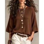 SHEIN Casual Loose Round Neck 3/4 Sleeve Knit Batwing Sleeve ,Green Women Fall Winter Sweater, Going Out Top, Country, Social Blouse, Country Concert Outfit