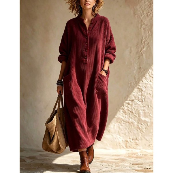 Local
Multi‑Color Oversized Ribbed Henley Neck Maxi Dress, Stand Collar Half‑Button Long Sleeve Casual Loose Dress With Side Pockets