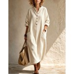 Local
Multi‑Color Oversized Ribbed Henley Neck Maxi Dress, Stand Collar Half‑Button Long Sleeve Casual Loose Dress With Side Pockets