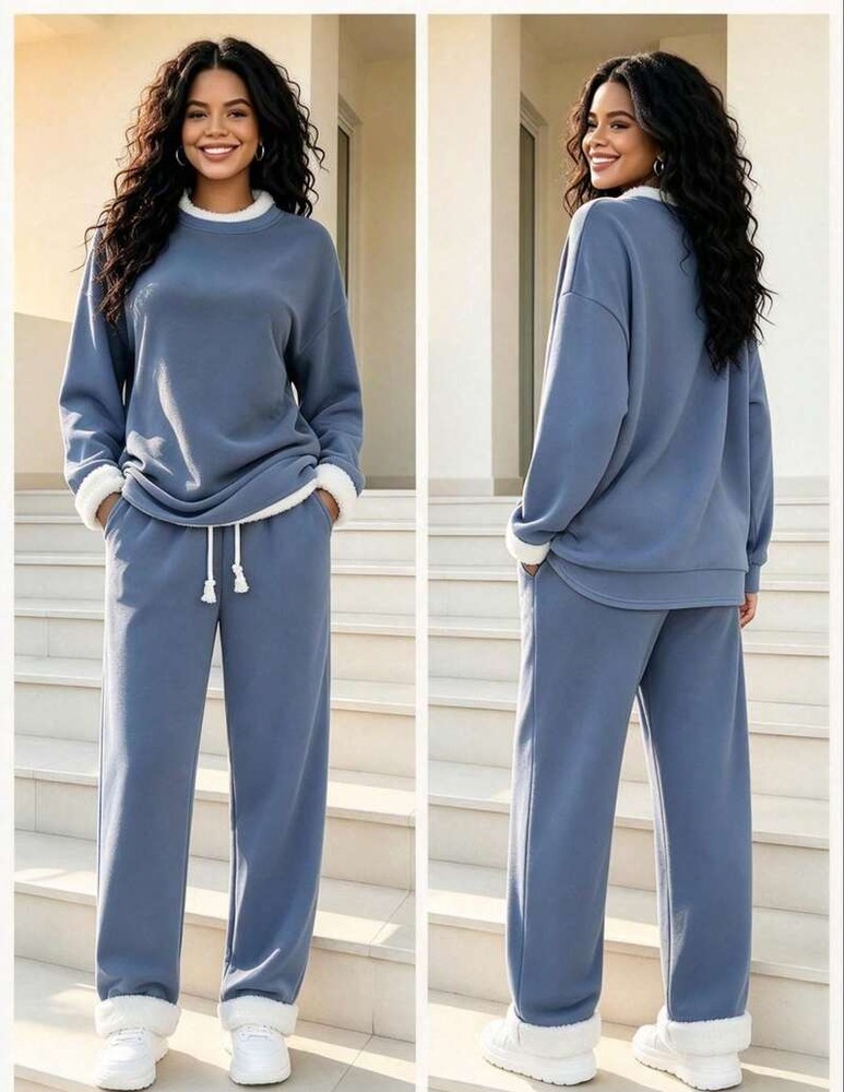 Fall Winter Thick  2-Piece Set, Crew Neck Long Sleeve Top Matched With Drawstring Jogger Pants. Soft Skin-Friendly Fabric