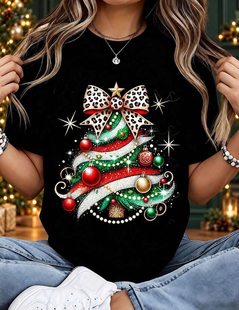 Christmas Women Graphic Tee, Loose Fit Black T Shirts, Leopard Bow Christmas Tree Print Casual Holiday Cute Tops For Women
