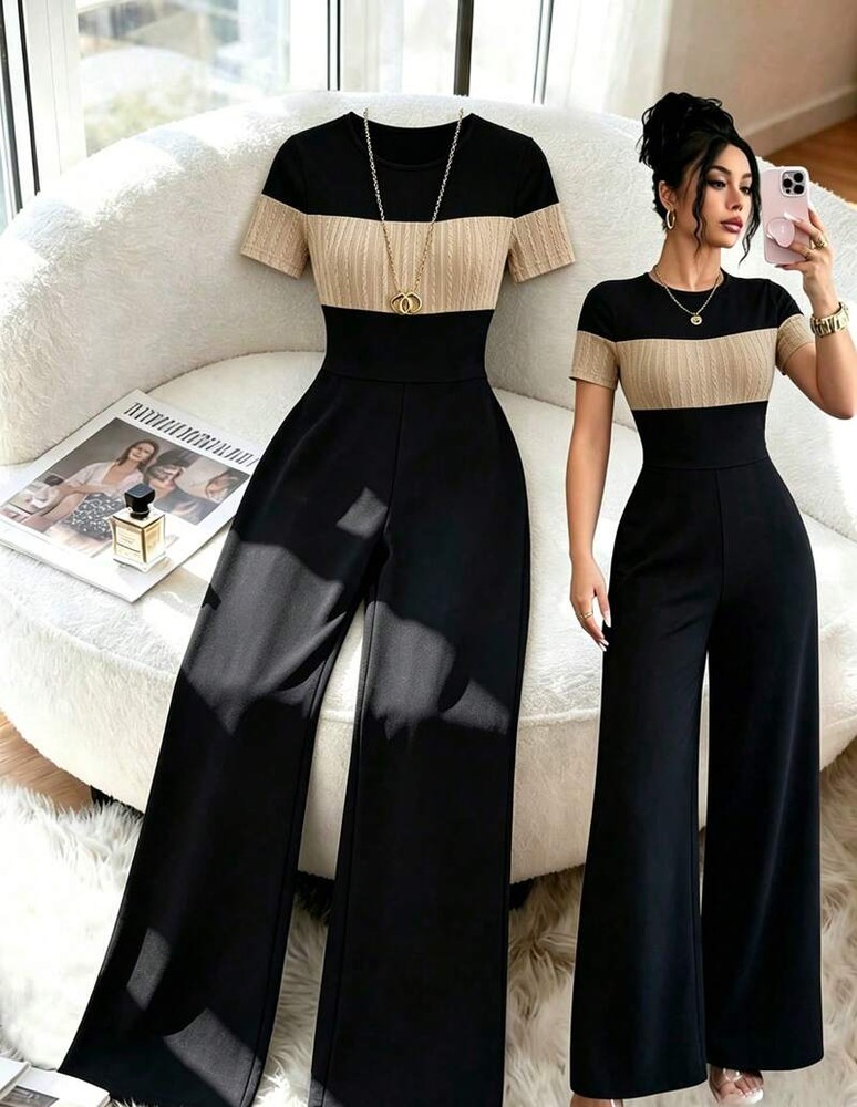 Selianne Women's Elegant Commute Color Block Patchwork Fitted Jumpsuit