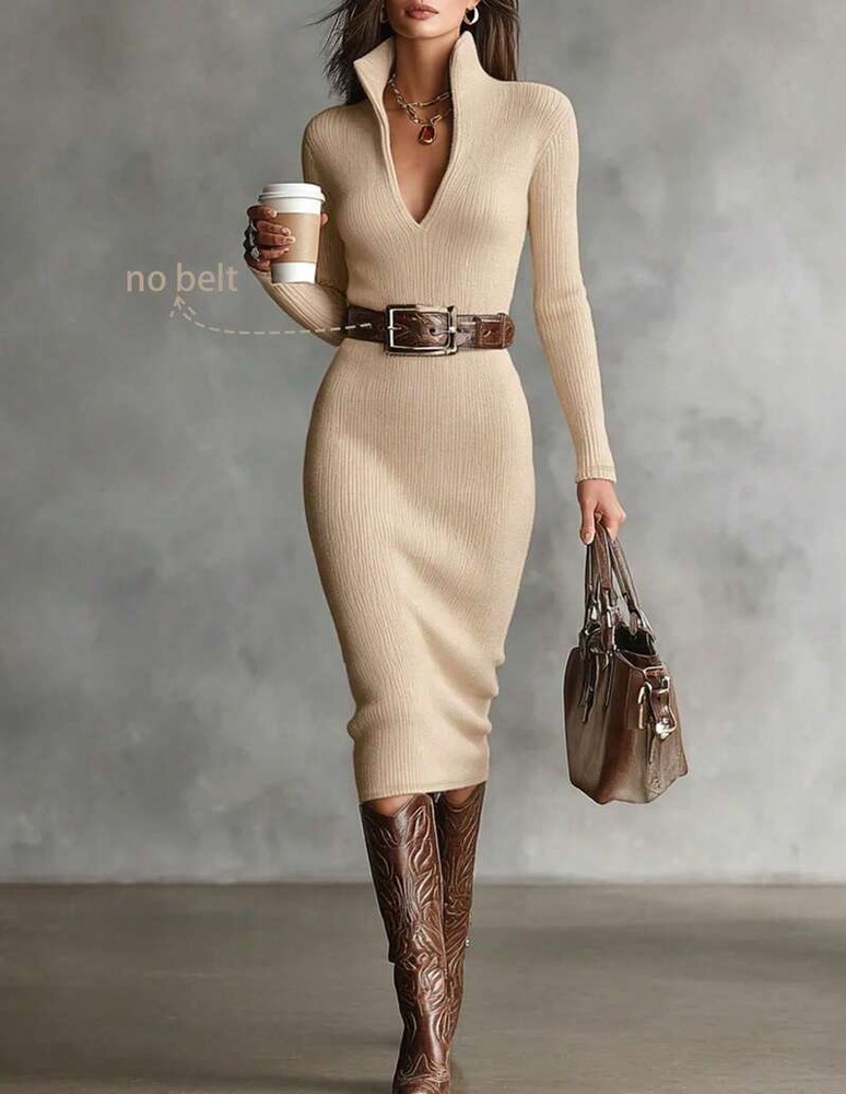 2026 New Turn Collar Knit Sweater Dress V-Neck Ribbed Mid-Length Bodycon Dress Elegant Pullover Dress Winter Dress Casual Western Style Autumn/Winter Outfit Date Commute High Elast