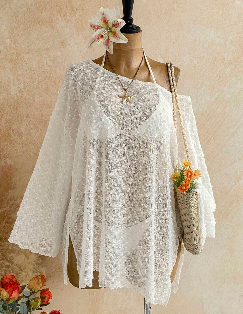 Soleia Long Sleeve Asymmetrical Shoulder Knit Jacquard Loose Fit Split Hem Top