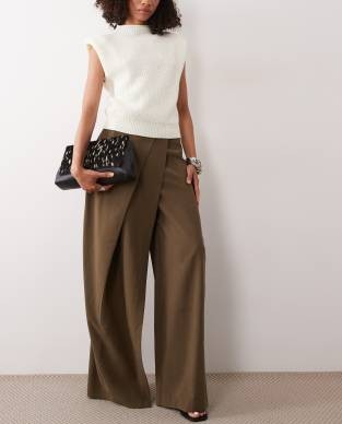 ASOS DESIGN tailored wrap waist wide leg pants in olive