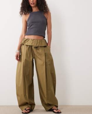 ASOS DESIGN foldover waist detail pants in khaki