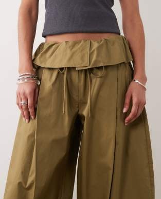 ASOS DESIGN foldover waist detail pants in khaki