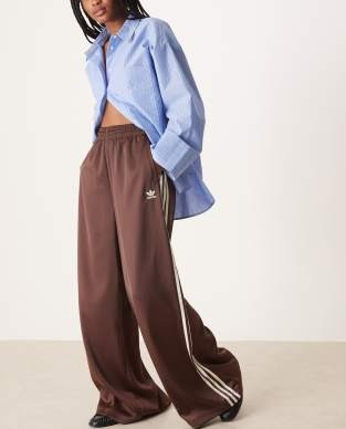 adidas Originals Adicolor satin wide leg track pants in brown