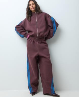 ASOS DESIGN wide leg stripe detail track pant set in brown with blue stripe