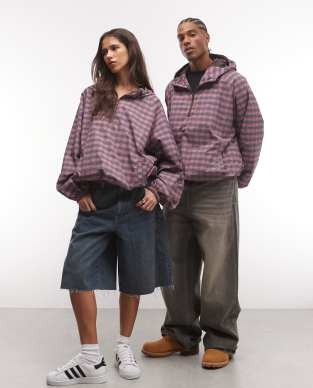 COLLUSION Unisex oversized hooded track jacket in pink plaid