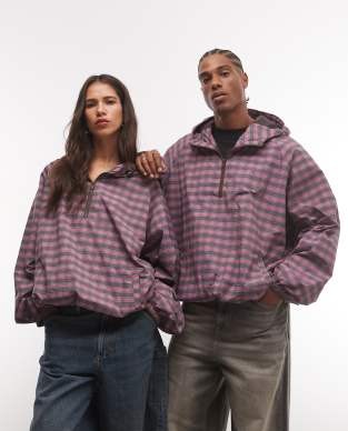 COLLUSION Unisex oversized hooded track jacket in pink plaid