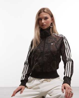 adidas Originals satin snake print classic firebird track jacket in dark brown