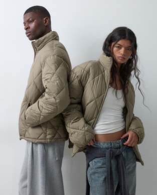 COLLUSION Unisex funnel neck oversized puffer jacket in khaki