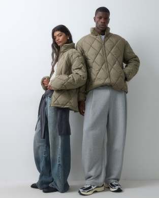 COLLUSION Unisex funnel neck oversized puffer jacket in khaki