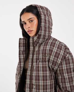COLLUSION Unisex funnel neck puffer jacket in blue check