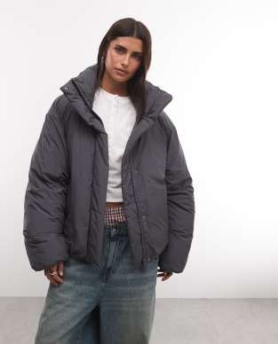 COLLUSION Unisex funnel neck puffer jacket in blue check