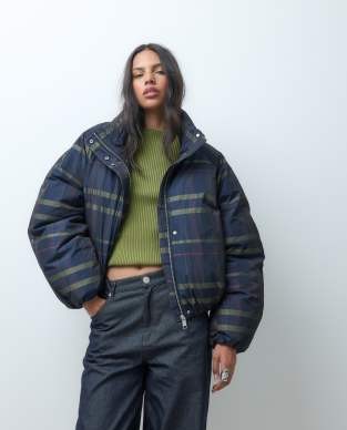 COLLUSION Unisex funnel neck puffer jacket in blue check