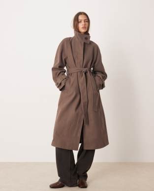 ASOS DESIGN funnel neck longline formal trench coat in mushroom