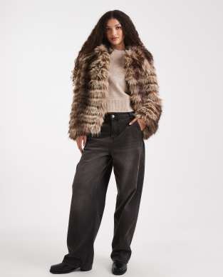 ASOS DESIGN patched stripes short faux fur jacket in brown