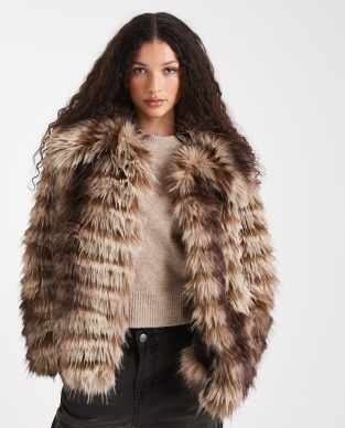 ASOS DESIGN patched stripes short faux fur jacket in brown