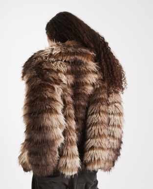 ASOS DESIGN patched stripes short faux fur jacket in brown