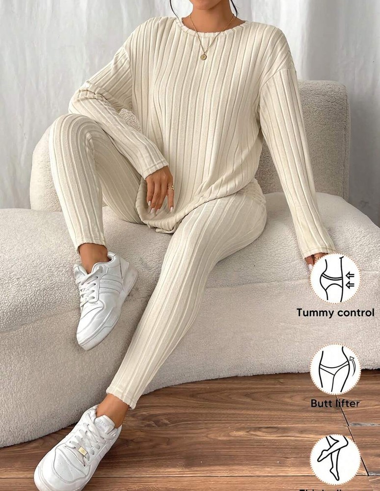 SHEIN Frenchy 落肩罗纹针织 T 恤和紧身裤纹理面料两件套
