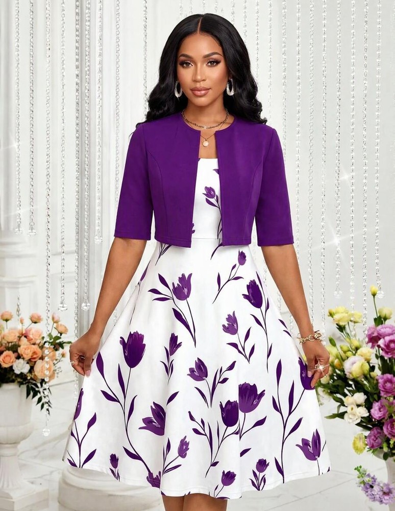 SHEIN Lady 女士碎花无袖连衣裙和纯色外套优雅两件套